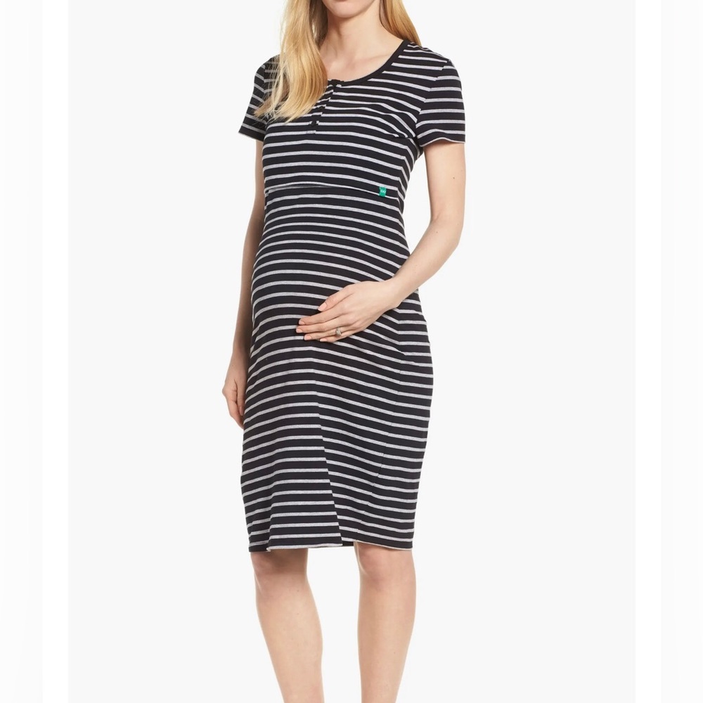 Modern Eternity Maternity / Nursing Henley T-Shirt Dress NWT, black/gray. Sz L.